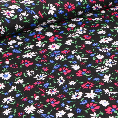 Tissu Viscose Fleurs rouges et blanches sur fond Noir