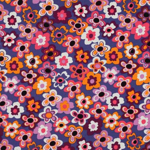 Tissu Jersey stretch fleurs Floraviva muticolores sur fond Violet