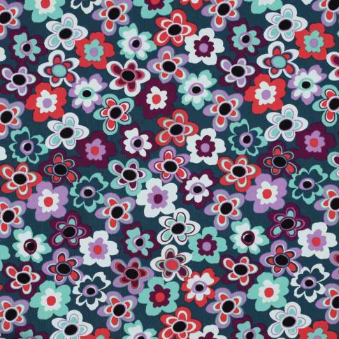 Tissu Jersey stretch fleurs Floraviva muticolores sur fond Bleu canard