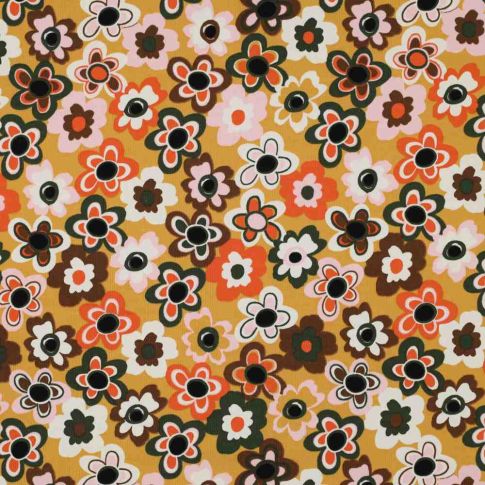 Tissu Jersey stretch fleurs Floraviva muticolores sur fond Jaune moutarde