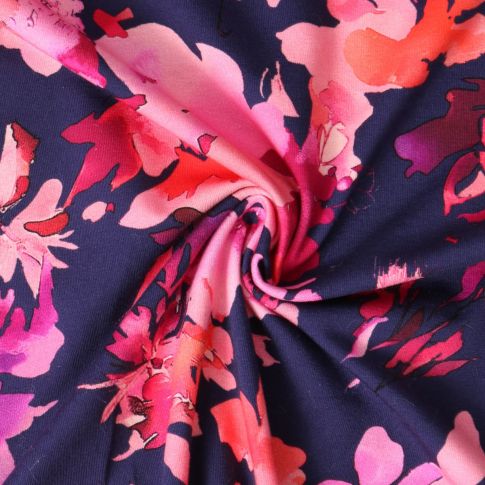 Tissu Jersey stretch Amalia fleurs Roses sur fond Bleu marine