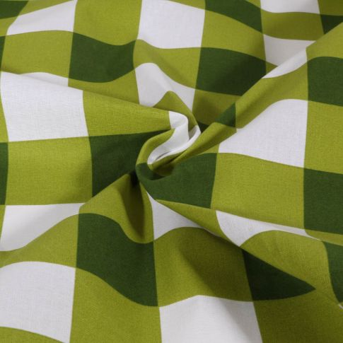 Tissu Coton enduit à carreaux verts sur fond Blanc