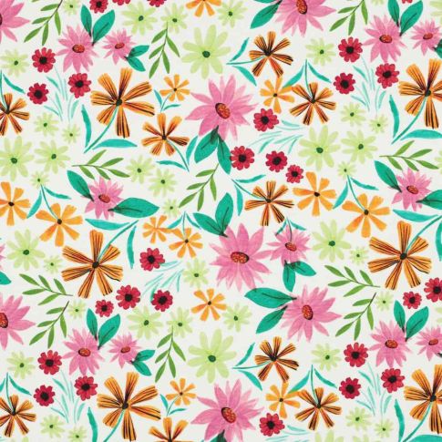 Tissu Jersey stretch fleurs Primavera sur fond Blanc cassé