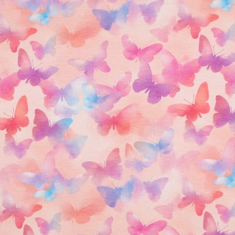 Tissu Jersey stretch papillons Veloria multicolores sur fond Rose nude