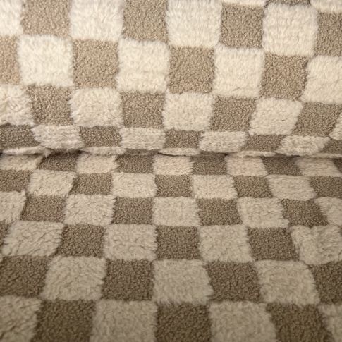 Tissu Fausse fourrure Teddy Carreaux Ecru sur fond Beige