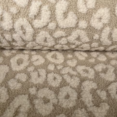 Tissu Fausse fourrure Teddy Panthère Ecru sur fond Beige