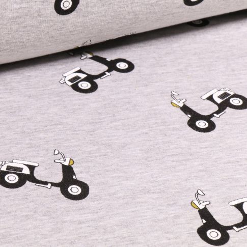 Tissu Sweat envers minky Scooter sur fond Gris chiné
