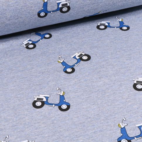 Tissu Sweat envers minky Scooter sur fond Bleu chiné