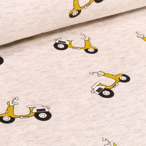Tissu Sweat envers minky Scooter sur fond Beige chiné
