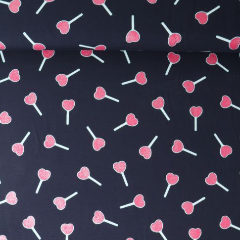 Tissu Jersey stretch Lolly coeurs Rose Paillettés sur fond Bleu marine