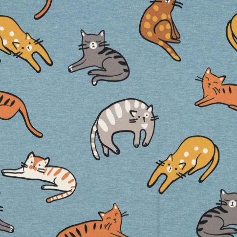 Tissu Jersey  Minouche sur fond Bleu ciel chiné