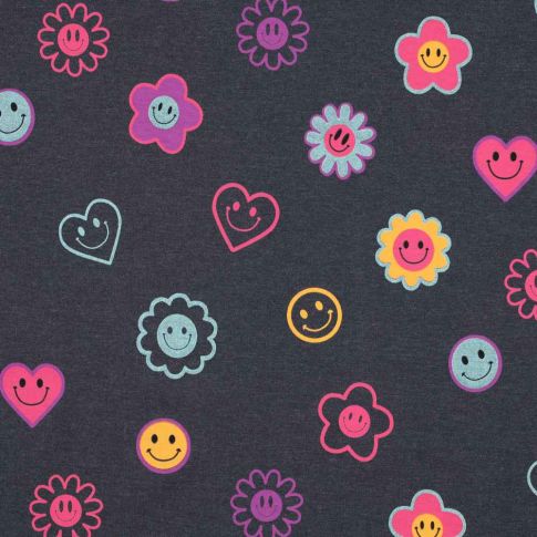 Tissu Jersey Smile rose sur fond Gris anthracite chiné