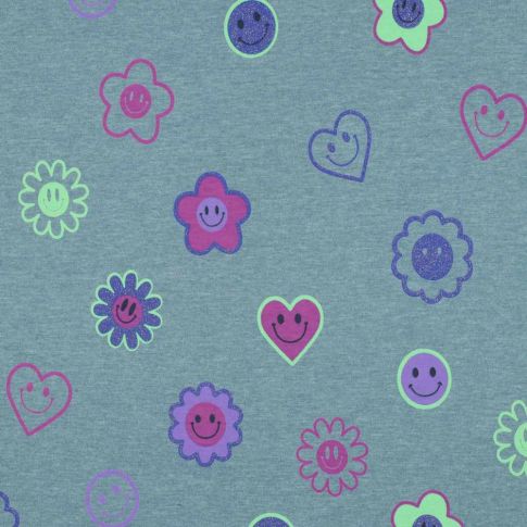 Tissu Jersey Smile violet sur fond Bleu ciel chiné
