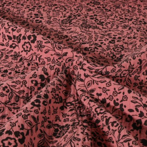 Tissu Double gaze de Coton Fleuris lili sur fond Pourpre