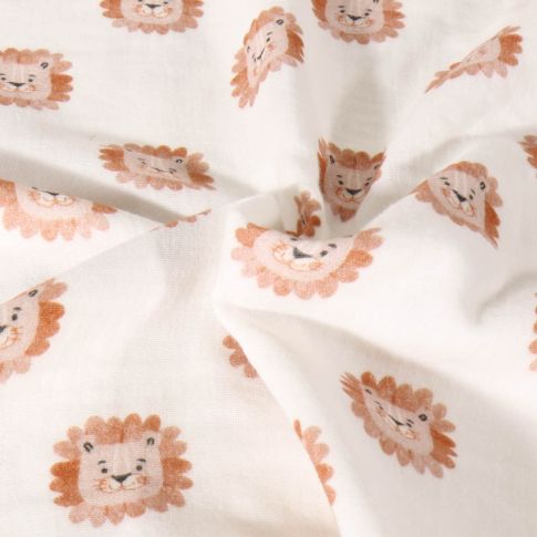 Tissu Double gaze de Coton digital Poppy Têtes de lion sur fond Blanc
