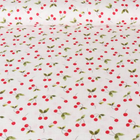 Tissu Double gaze de Coton Digital Poppy Cerises rouges sur fond Blanc