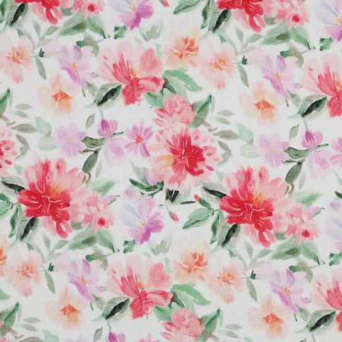 Tissu Coton imprimé Camélia fleurs Rouges sur fond Blanc