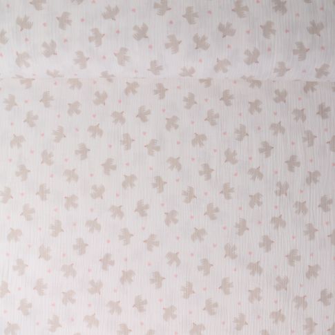 Tissu Double gaze de Coton Suzie oiseaux Beiges sur fond Blanc
