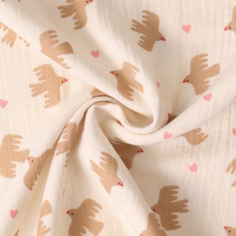 Tissu Double gaze de Coton Suzie oiseaux Camel sur fond Beige sable