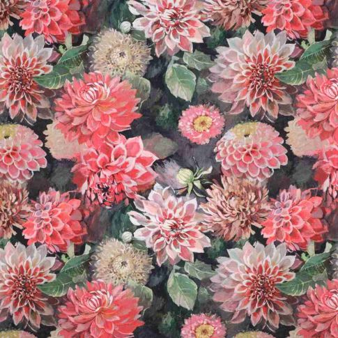 Tissu Toile Canvas fleurs Florombra roses sur fond Noir profond