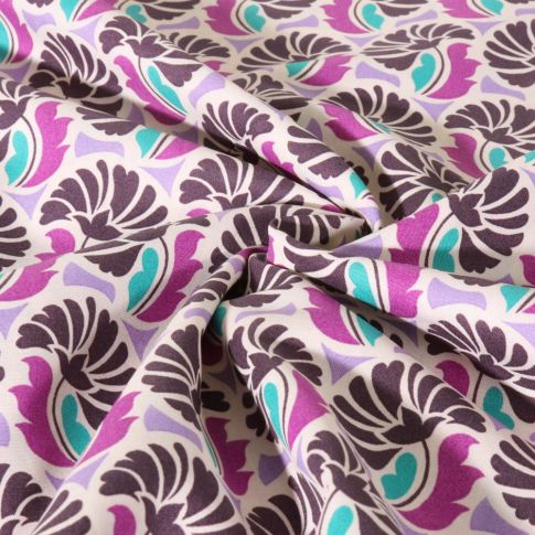 Tissu Popeline de Coton Poppy Plumes d’Orient parme sur fond Ecru