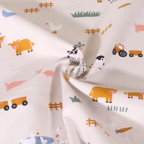 Tissu Popeline de Coton Poppy Animaux à la ferme sur fond Ecru