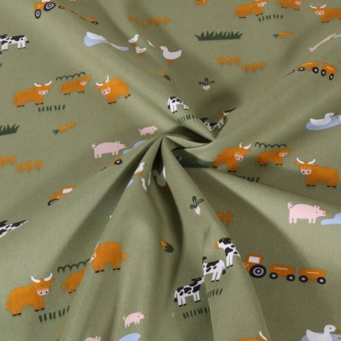 Tissu Popeline de Coton Poppy Animaux à la ferme sur fond Vert