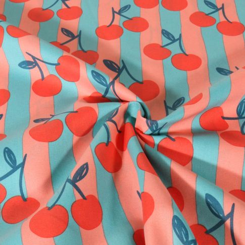 Tissu Popeline de Coton Poppy Cerises sur fond Bleu