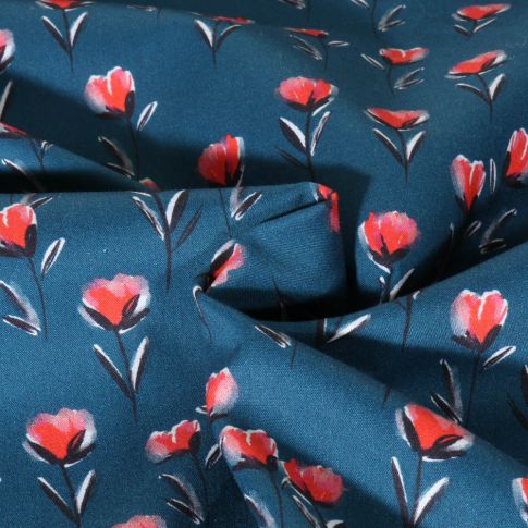 Tissu Popeline de Coton Poppy Éclats de Coquelicot sur fond Bleu nuit