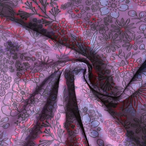Tissu Popeline de Coton Amandine fleurs Rouges sur fond Violet
