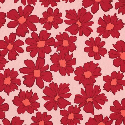 Tissu Sweat envers molletonné Cosmia fleurs Rouges sur fond Rose