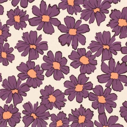 Tissu Sweat envers molletonné Cosmia fleurs Aubergines sur fond Beige