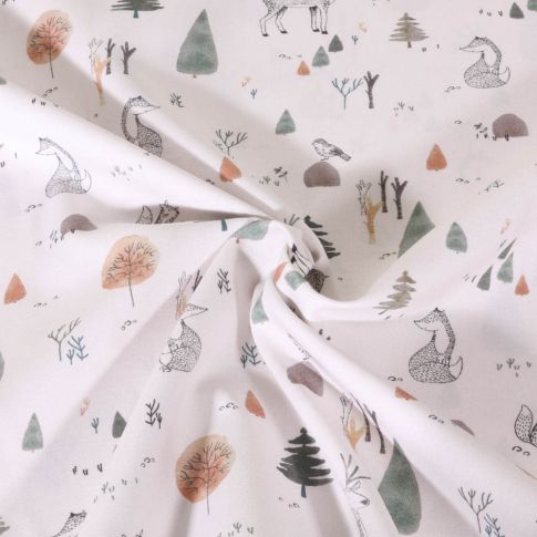 Tissu Popeline de Coton digital Poppy Animaux à la forêt sur fond Blanc cassé