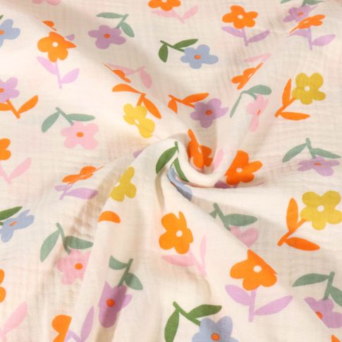 Tissu Double gaze de Coton Fleurs lilas, oranges et jaunes sur fond Ecru