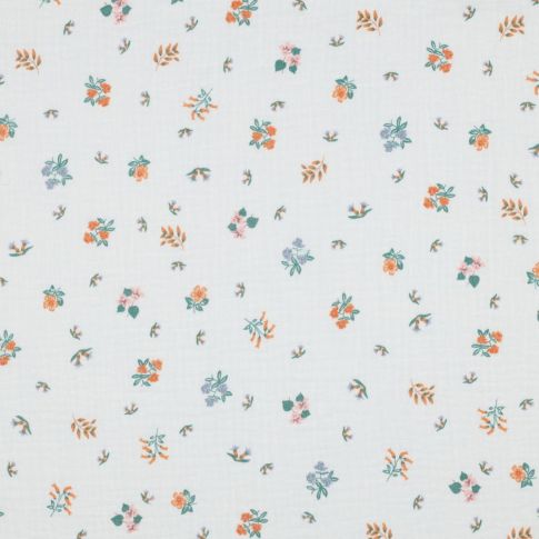 Tissu Double gaze petites fleurs Pastelou sur fond Blanc cassé