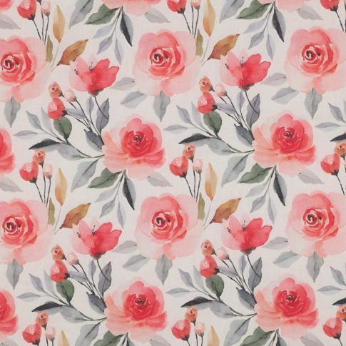 Tissu Voile de Coton fleurs Rosabella roses sur fond Blanc cassé