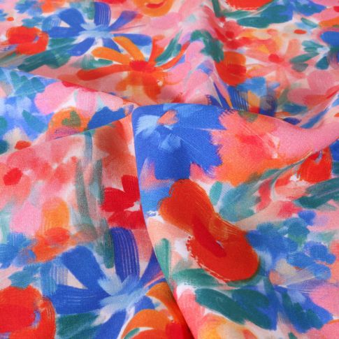 Tissu Viscose Digital imprimé Fleurs aquarelles sur fond Rose