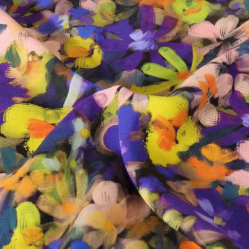 Tissu Viscose Digital imprimé Fleurs aquarelles sur fond Noir