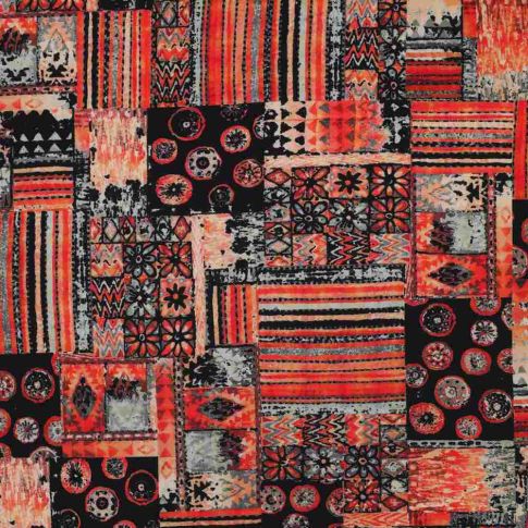 Tissu Viscose patchwork Etnoria rouge sur fond Noir