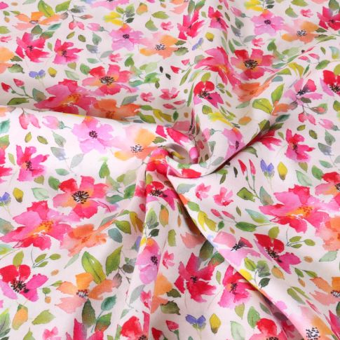Tissu Viscose Digital imprimé Fleurs roses, rouges et oranges sur fond Blanc