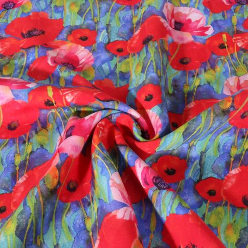 Tissu Viscose Digital imprimé Jardin coquelicot sur fond Bleu