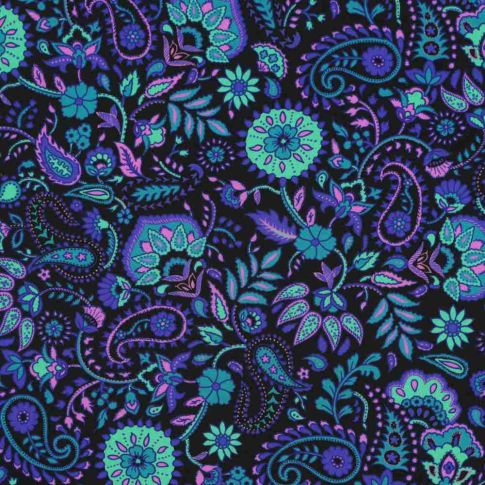 Tissu Ecovero fleurs Kashmiria bleues turquoise sur fond Noir
