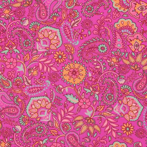 Tissu Ecovero fleurs Kashmiria oranges sur fond Rose bonbon