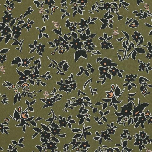 Tissu Viscose Fleuris sur fond Vert kaki