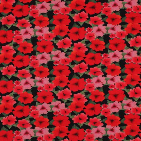 Tissu Polyviscose stretch fleurs Carmilla rouges sur fond Noir