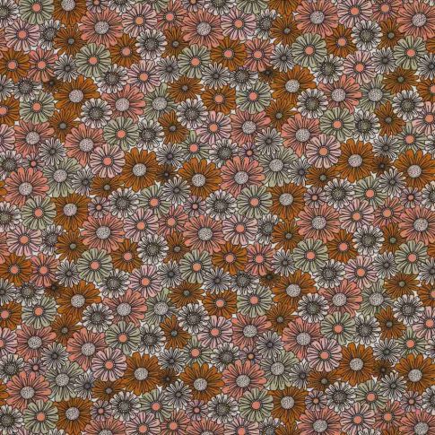 Tissu popeline de Coton  fleurs Marguerintage sur fond Beige clair