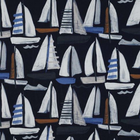 Tissu Toile de Coton Canvas Poppy Bateaux sur fond Bleu foncé