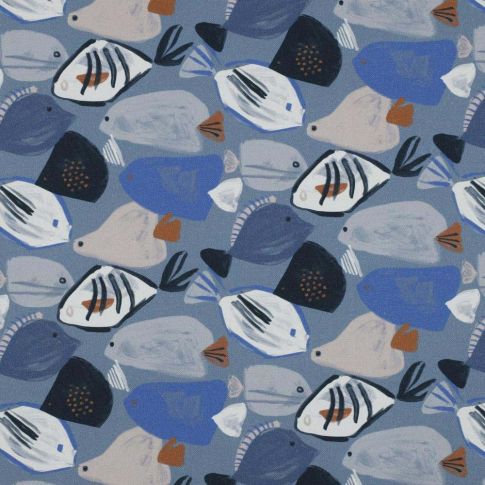 Tissu Toile Canvas Poissons sur fond Bleu ancien