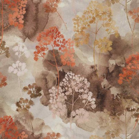 Tissu Toile de Coton Canvas feuillage Ombelle sur fond Brun