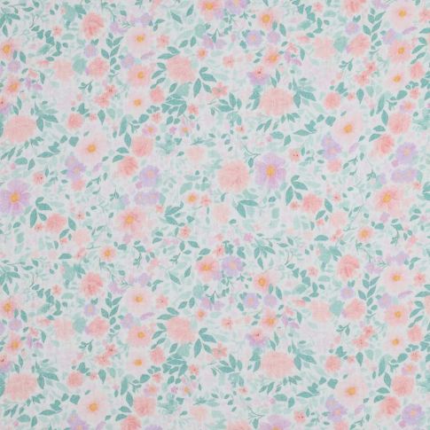 Tissu Double gaze fleurs Florapastel sur fond Blanc